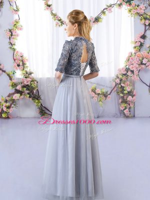 Half Sleeves Tulle Floor Length Lace Up Dama Dress in Grey with Appliques