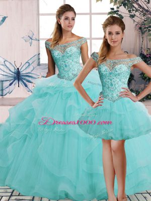 Best Selling Floor Length Aqua Blue Sweet 16 Quinceanera Dress Off The Shoulder Sleeveless Lace Up