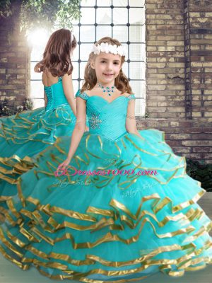 Nice Tulle Straps Sleeveless Lace Up Beading and Ruching Little Girl Pageant Dress in Aqua Blue