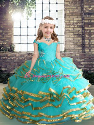 Nice Tulle Straps Sleeveless Lace Up Beading and Ruching Little Girl Pageant Dress in Aqua Blue