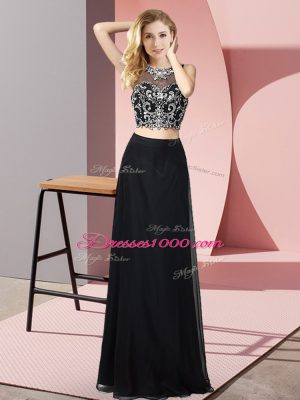 Classical Two Pieces Prom Evening Gown Black Scoop Chiffon Sleeveless Floor Length Backless