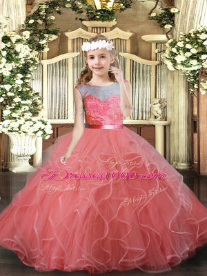 Dazzling Watermelon Red Tulle Backless Kids Pageant Dress Sleeveless Floor Length Lace and Ruffles
