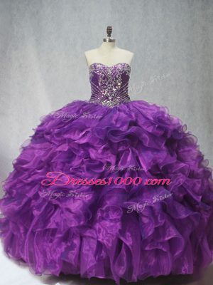 Fitting Purple Organza Lace Up Sweetheart Sleeveless Quince Ball Gowns Brush Train Beading and Ruffles