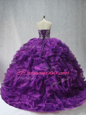 Fitting Purple Organza Lace Up Sweetheart Sleeveless Quince Ball Gowns Brush Train Beading and Ruffles