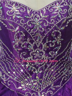 Fitting Purple Organza Lace Up Sweetheart Sleeveless Quince Ball Gowns Brush Train Beading and Ruffles