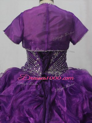 Fitting Purple Organza Lace Up Sweetheart Sleeveless Quince Ball Gowns Brush Train Beading and Ruffles