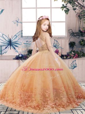 Fantastic Sleeveless Floor Length Lace and Appliques Backless Little Girls Pageant Dress Wholesale with Green