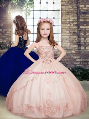 Pink Sleeveless Floor Length Beading Lace Up Little Girls Pageant Dress