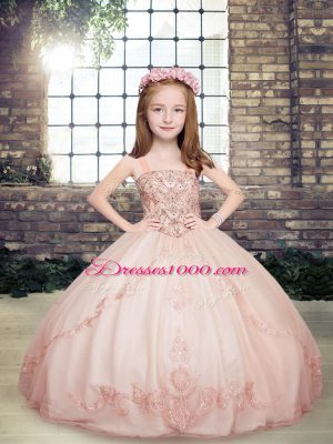 Pink Sleeveless Floor Length Beading Lace Up Little Girls Pageant Dress