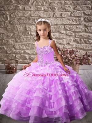 Lavender Sleeveless Beading and Ruffled Layers Lace Up Pageant Dress for Teens