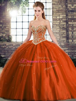 Tulle Sweetheart Sleeveless Brush Train Lace Up Beading Quince Ball Gowns in Rust Red