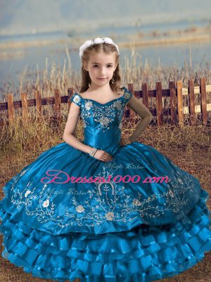 High End Blue Sleeveless Floor Length Embroidery and Ruffled Layers Lace Up Little Girl Pageant Dress