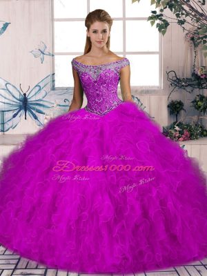 Fuchsia Ball Gowns Tulle Off The Shoulder Sleeveless Beading and Ruffles Lace Up Quinceanera Dresses Brush Train
