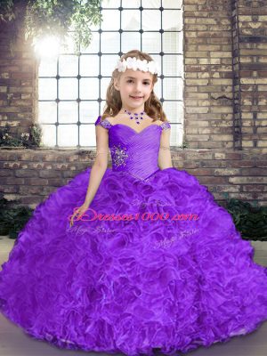 Excellent Floor Length Purple Teens Party Dress Fabric With Rolling Flowers Sleeveless Beading
