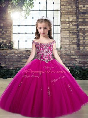 Cheap Floor Length Fuchsia Child Pageant Dress Off The Shoulder Sleeveless Lace Up