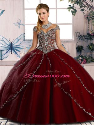 Wine Red Ball Gowns Tulle Sweetheart Cap Sleeves Beading Lace Up Sweet 16 Quinceanera Dress Brush Train