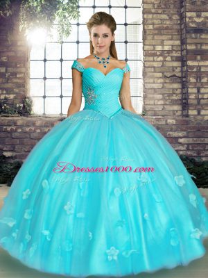 Aqua Blue Off The Shoulder Neckline Beading and Appliques Vestidos de Quinceanera Sleeveless Lace Up