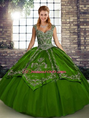 Sophisticated Olive Green Sleeveless Floor Length Beading and Embroidery Lace Up Sweet 16 Dresses
