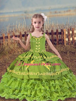 Olive Green Sleeveless Beading and Embroidery and Ruffled Layers Floor Length Casual Dresses