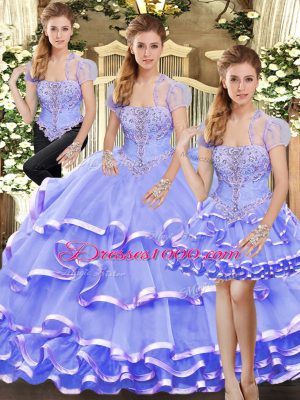 Lavender Organza Lace Up Strapless Sleeveless Floor Length Quinceanera Gowns Beading and Ruffled Layers