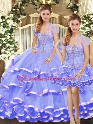 Lavender Organza Lace Up Strapless Sleeveless Floor Length Quinceanera Gowns Beading and Ruffled Layers