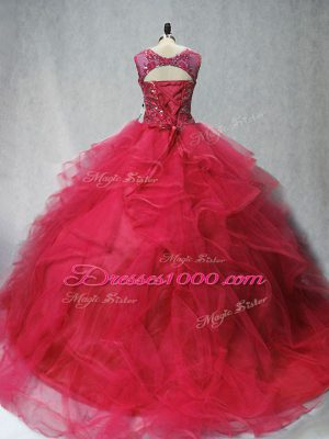 Scoop Sleeveless Brush Train Lace Up Quinceanera Dress Coral Red Tulle