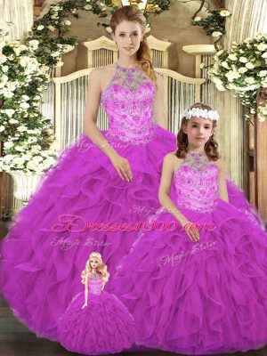 Modest Floor Length Fuchsia Sweet 16 Quinceanera Dress Halter Top Sleeveless Lace Up