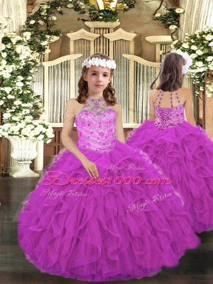 Modest Floor Length Fuchsia Sweet 16 Quinceanera Dress Halter Top Sleeveless Lace Up