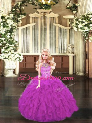 Modest Floor Length Fuchsia Sweet 16 Quinceanera Dress Halter Top Sleeveless Lace Up