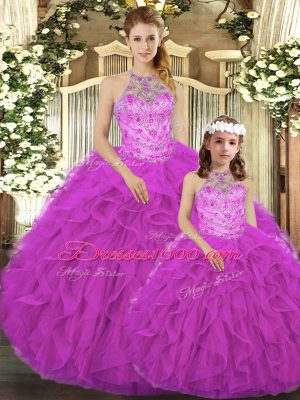 Modest Floor Length Fuchsia Sweet 16 Quinceanera Dress Halter Top Sleeveless Lace Up