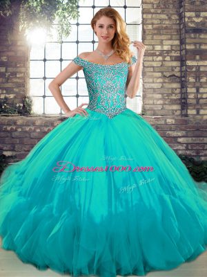 Aqua Blue Sweet 16 Dresses Military Ball and Sweet 16 and Quinceanera with Beading and Ruffles Off The Shoulder Sleeveless Lace Up