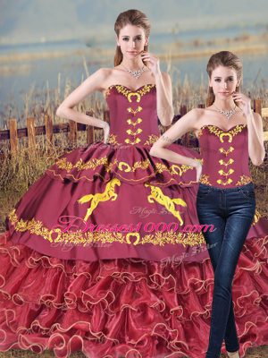 Burgundy Two Pieces Sweetheart Sleeveless Satin and Organza Brush Train Lace Up Embroidery and Ruffles Sweet 16 Dress
