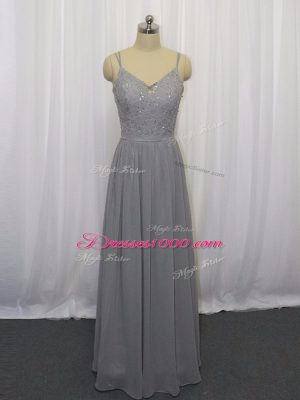 Grey Straps Zipper Beading and Lace Prom Dress Sleeveless