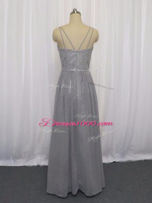 Grey Straps Zipper Beading and Lace Prom Dress Sleeveless