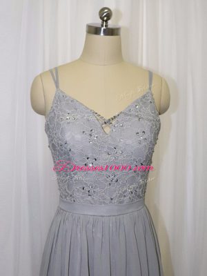 Grey Straps Zipper Beading and Lace Prom Dress Sleeveless