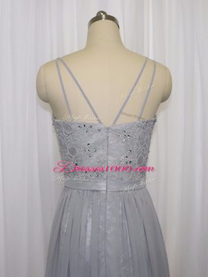 Grey Straps Zipper Beading and Lace Prom Dress Sleeveless