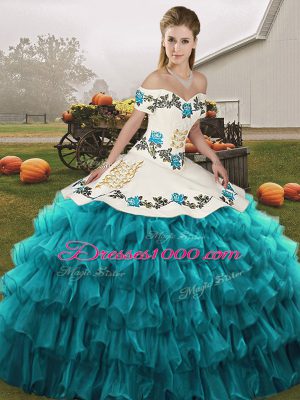 Delicate Teal Sleeveless Organza Lace Up Quinceanera Gown for Military Ball and Sweet 16 and Quinceanera