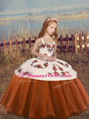 Straps Sleeveless Pageant Gowns Floor Length Embroidery and Ruffled Layers Rust Red Organza