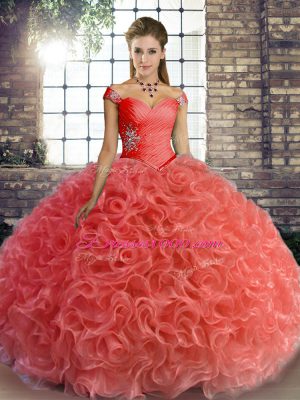 Watermelon Red Off The Shoulder Neckline Beading Quinceanera Dresses Sleeveless Lace Up