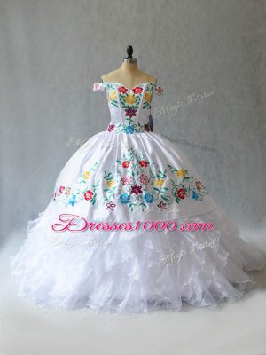 Sleeveless Organza Floor Length Lace Up Sweet 16 Quinceanera Dress in White with Embroidery