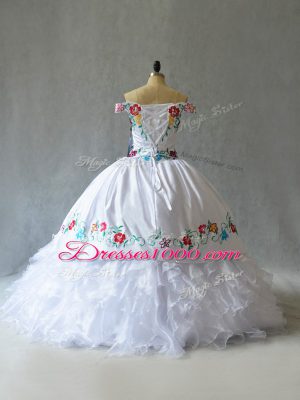 Sleeveless Organza Floor Length Lace Up Sweet 16 Quinceanera Dress in White with Embroidery