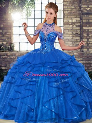 Floor Length Royal Blue Vestidos de Quinceanera Tulle Sleeveless Beading and Ruffles