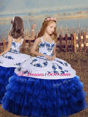 Beauteous Royal Blue Lace Up Straps Embroidery and Ruffled Layers Little Girl Pageant Dress Organza Sleeveless
