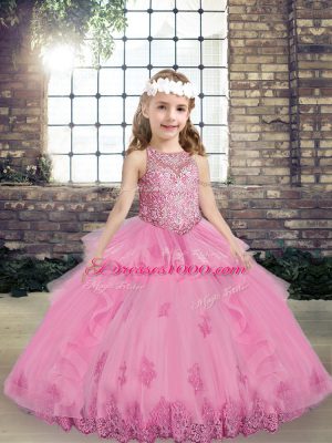 Sleeveless Lace Up Floor Length Beading and Appliques Little Girl Pageant Gowns