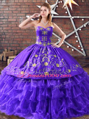 Purple Satin and Organza Lace Up Sweetheart Sleeveless Floor Length Quinceanera Gowns Embroidery and Ruffled Layers