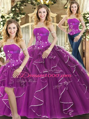 Nice Purple Strapless Lace Up Beading and Ruffles Sweet 16 Dresses Sleeveless