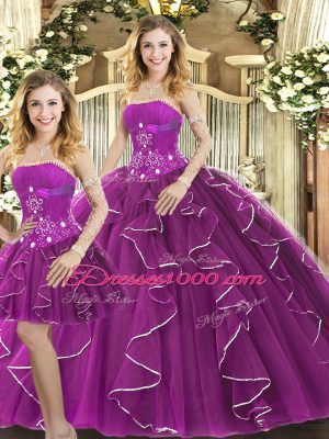 Nice Purple Strapless Lace Up Beading and Ruffles Sweet 16 Dresses Sleeveless
