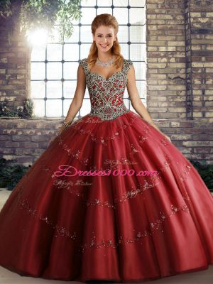 Dynamic Wine Red Sleeveless Floor Length Beading and Appliques Lace Up Quinceanera Gowns