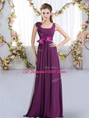 Fitting Dark Purple Chiffon Zipper Quinceanera Court Dresses Sleeveless Floor Length Belt and Hand Made Flower