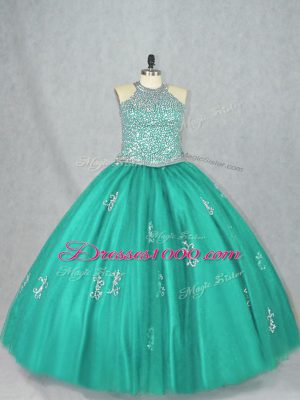 Great Ball Gowns Sweet 16 Dress Turquoise Halter Top Tulle Sleeveless Floor Length Lace Up